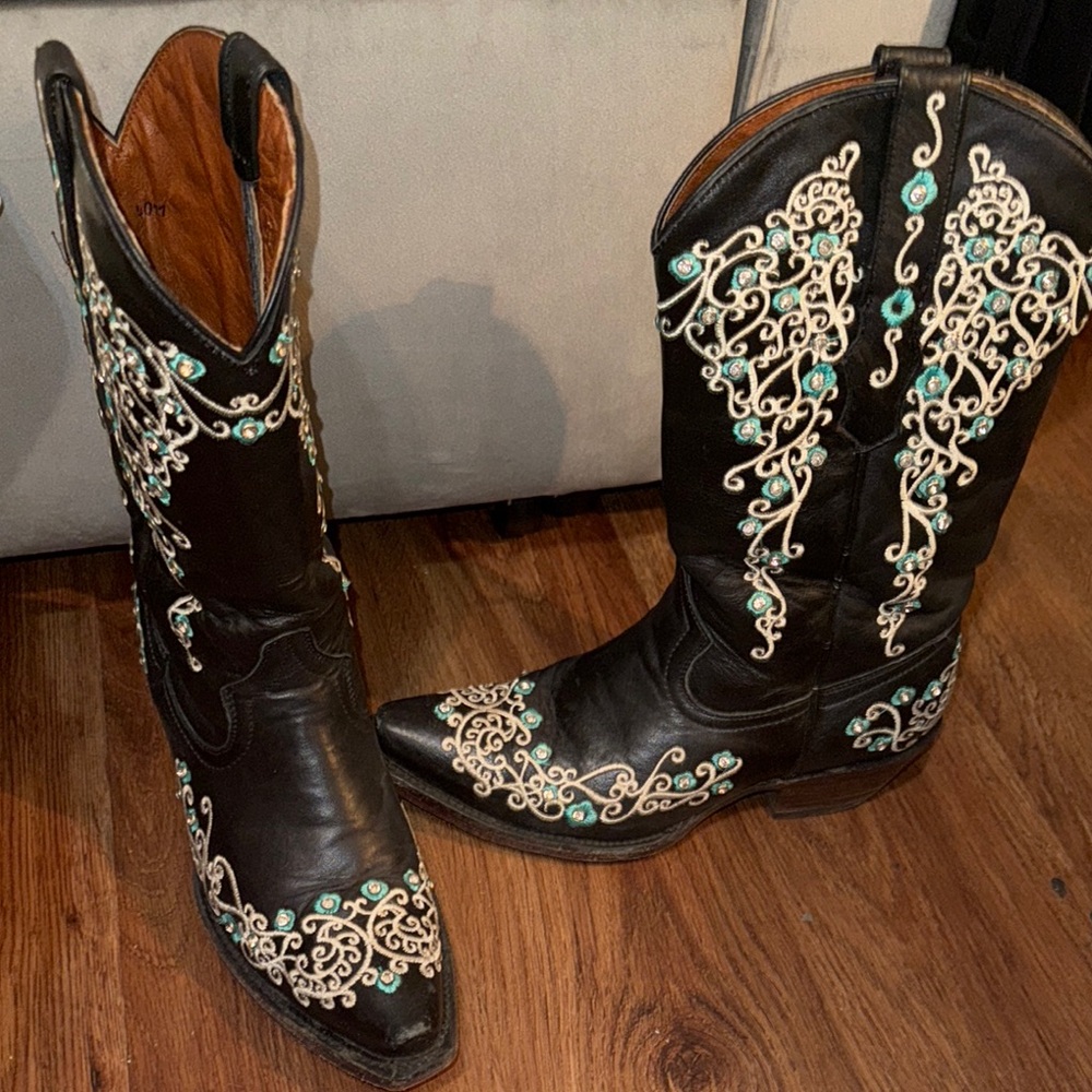 Embroidered Black Cowboy Boots with Turquoise Accents